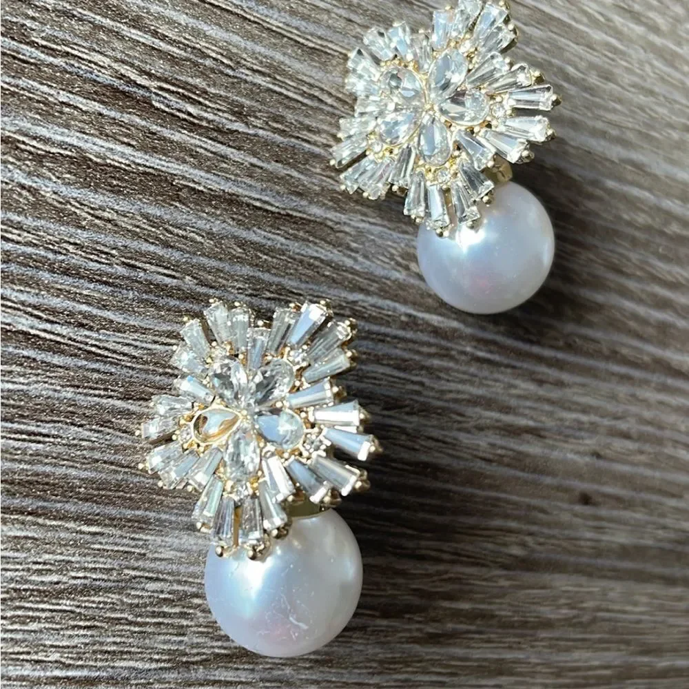Anthropologie Silver Crystal Burst Pearl Drop Earrings - Picture 3 of 5